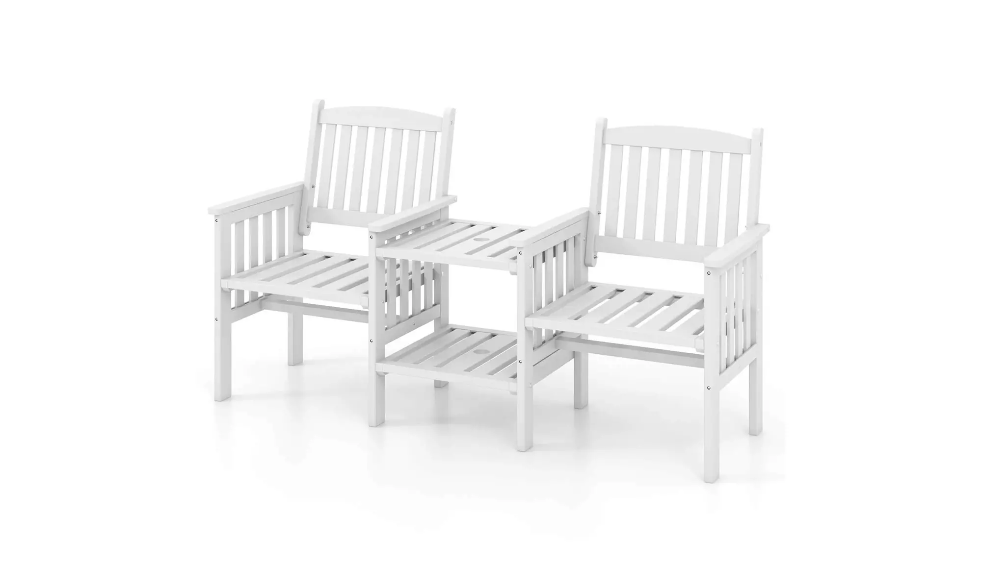 Costway Outdoor Fir Wood Loveseat with 2-Tier Side Table and 1.96" Umbrella Hole