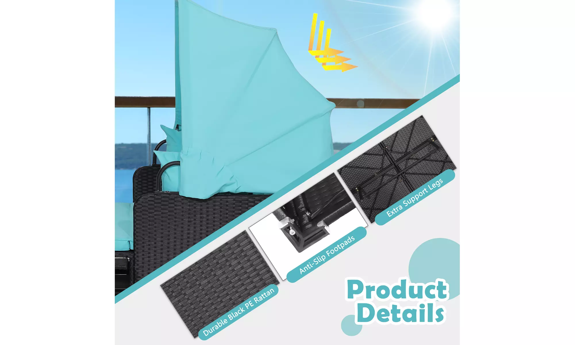 Costway Patio Rattan Daybed Lounge Retractable Top Canopy Side Tables Cushions