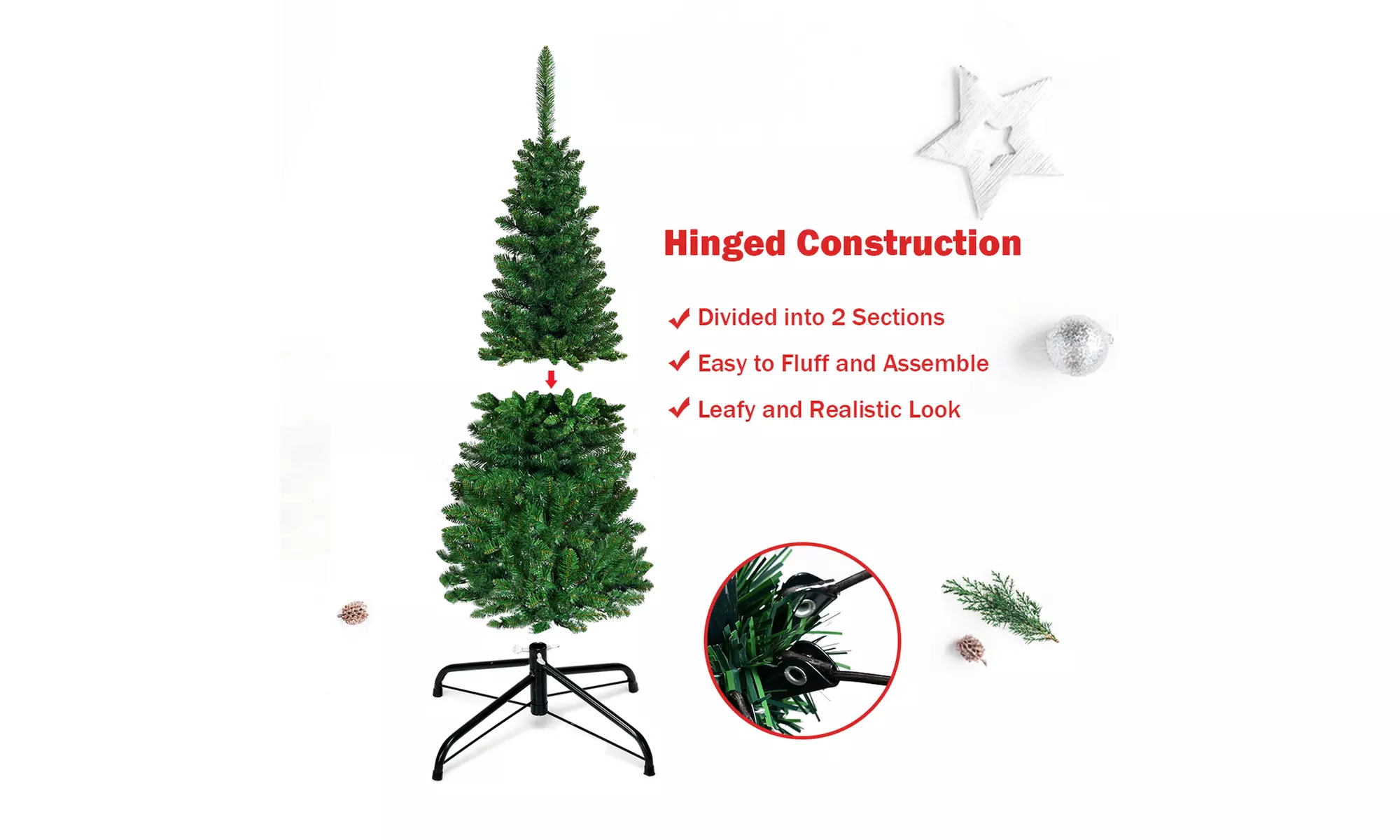 Costway 4.5/6.5/7.5ft Pre-Lit Hinged Artificial Fir Pencil Christmas Tree 