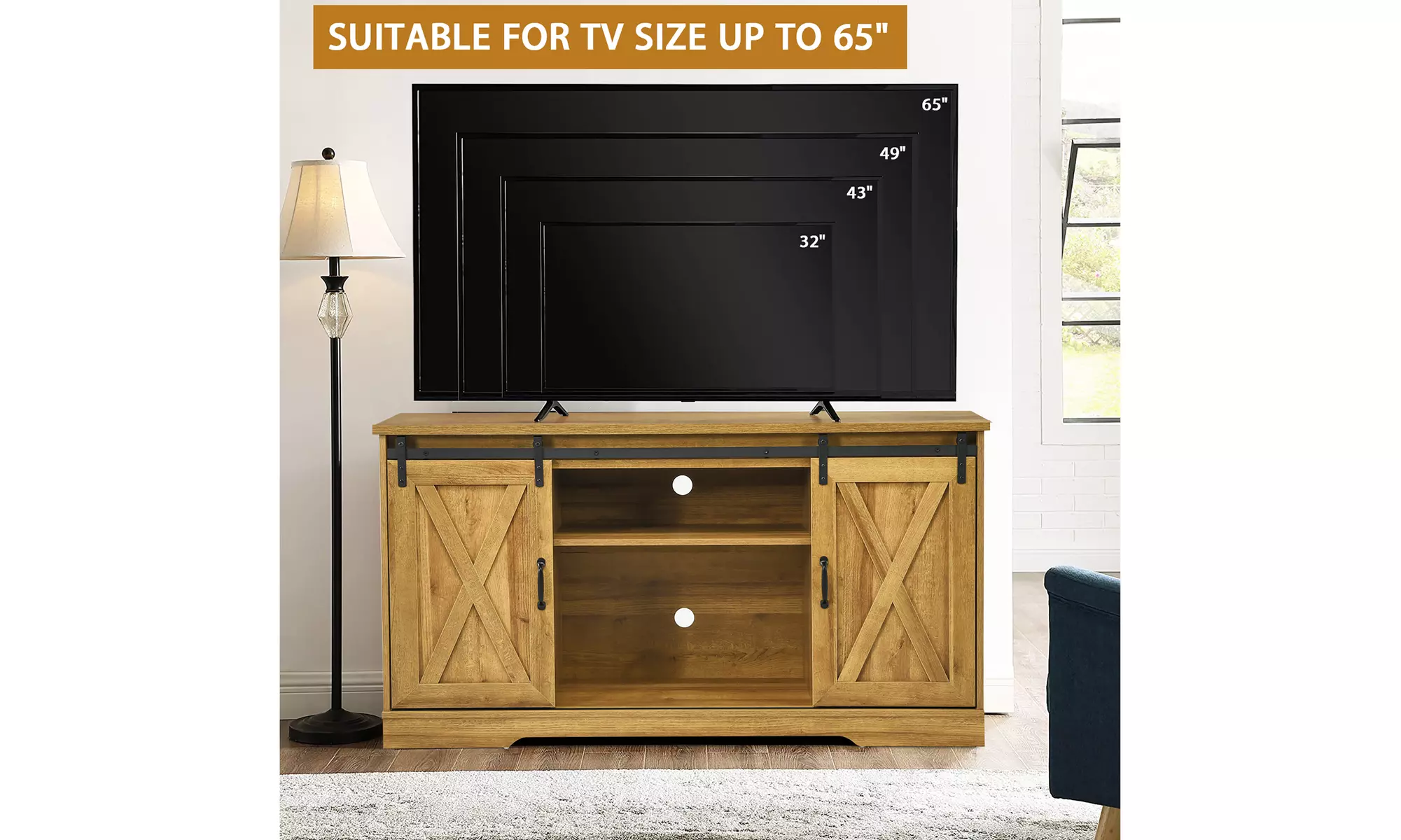 Costway 59'' Farmhouse TV Stand Sliding Barn Door Cabinet w/ Adjustable Shelf