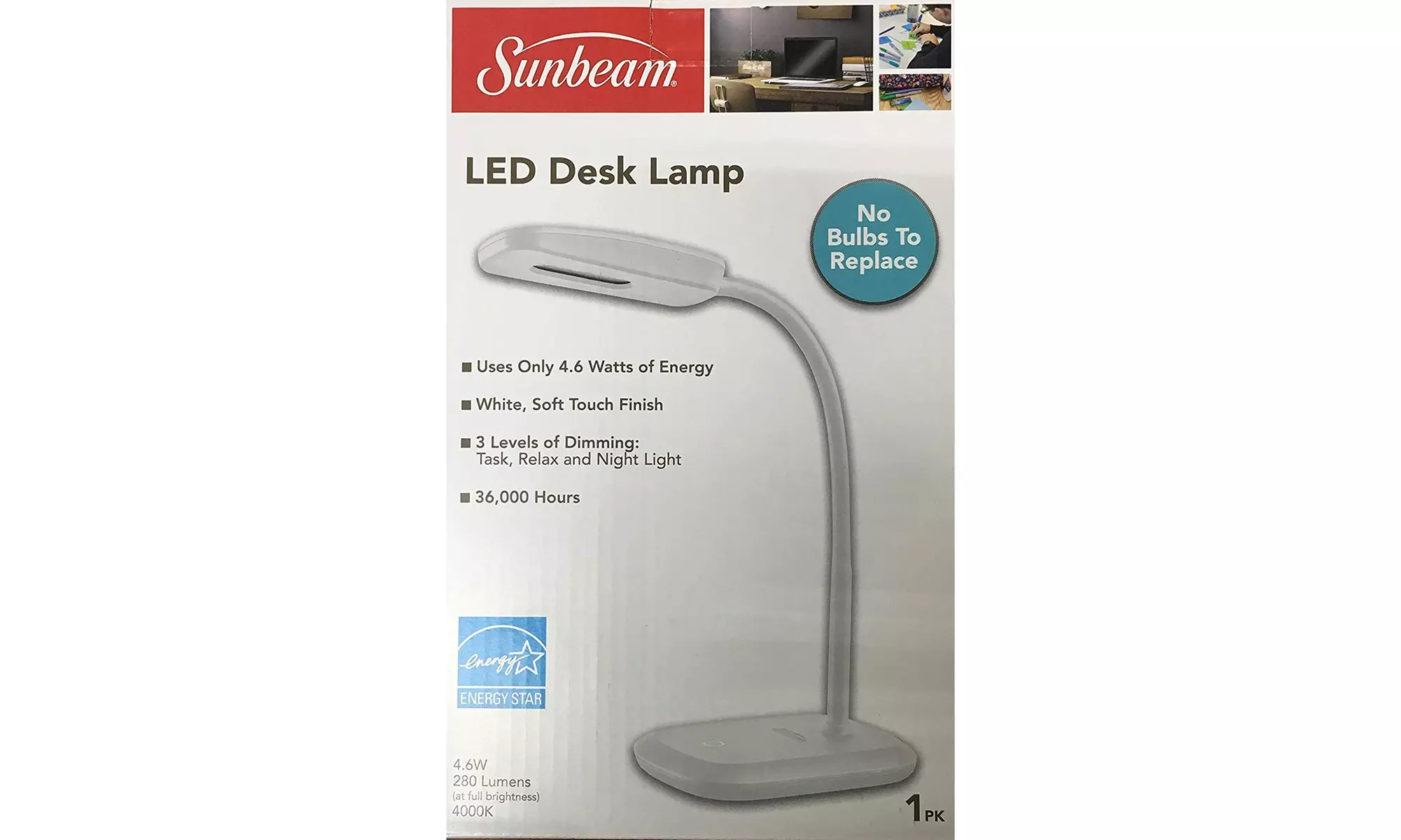 Sunbeam Flexible Neck LED Desk LAMP Adjustable Light Energy Star White - Second Medium