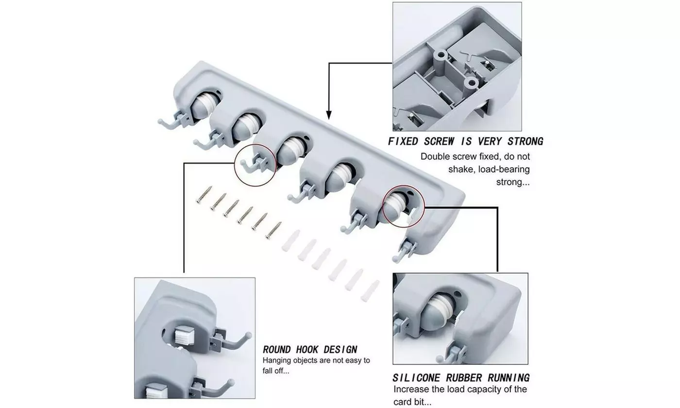Broom Holder and Garden Tool Garage Organizer 5 Slots 6 Hooks for Rake Mop Wall
