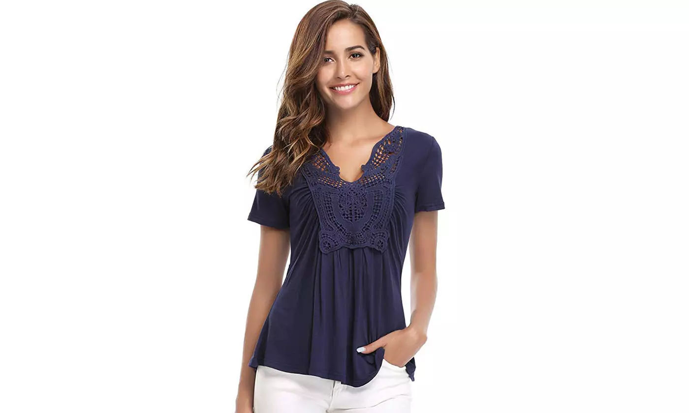 Women Deep V-Neck Low Cut Ruched Short Sleeve Ruffle Blouse Flattering Tunic - Second Medium