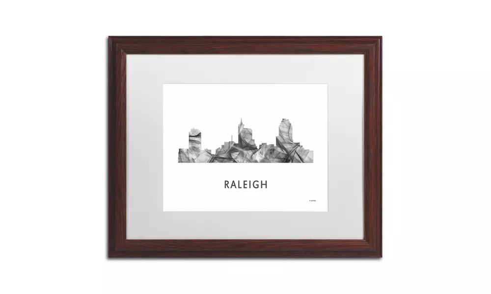 Marlene Watson 'Raleigh NC Skyline WB-BW' Matted Wood Framed Art - Second Medium