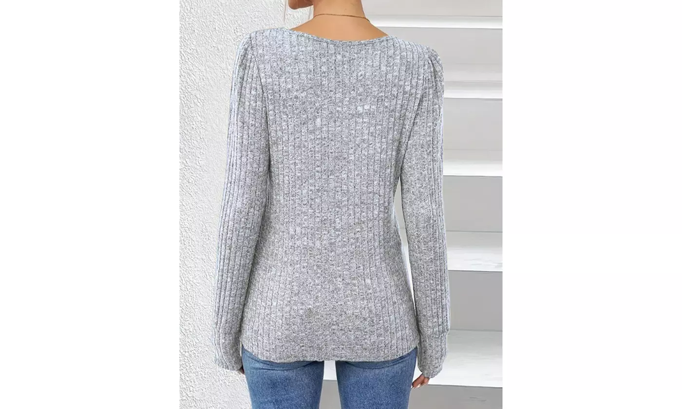 Women's Side Button Ribbed Knit Long Sleeve Tunic Tops