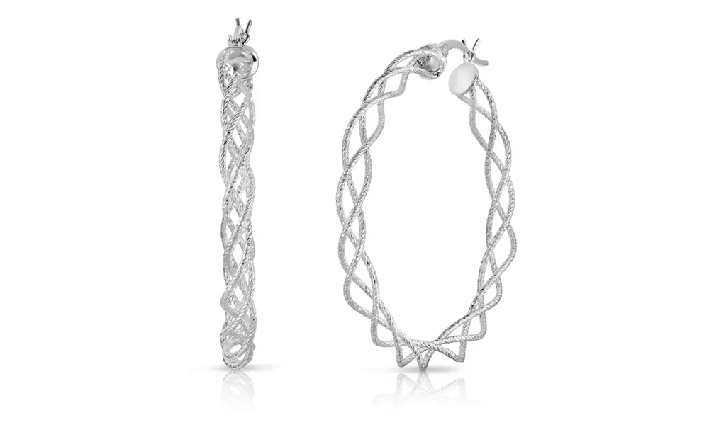 Solid Sterling Silver 45mm Braided French Lock Hoops - Second Medium
