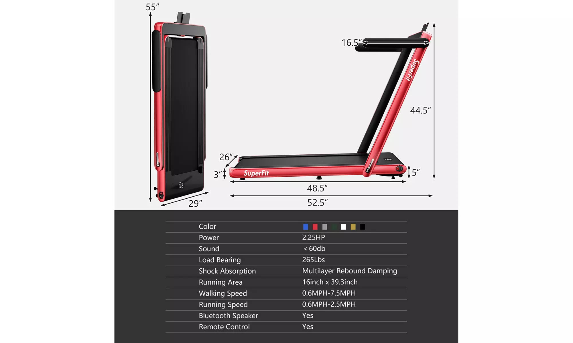 Superfit 2.25HP 2 in 1 Folding Treadmill Speaker Home Gym