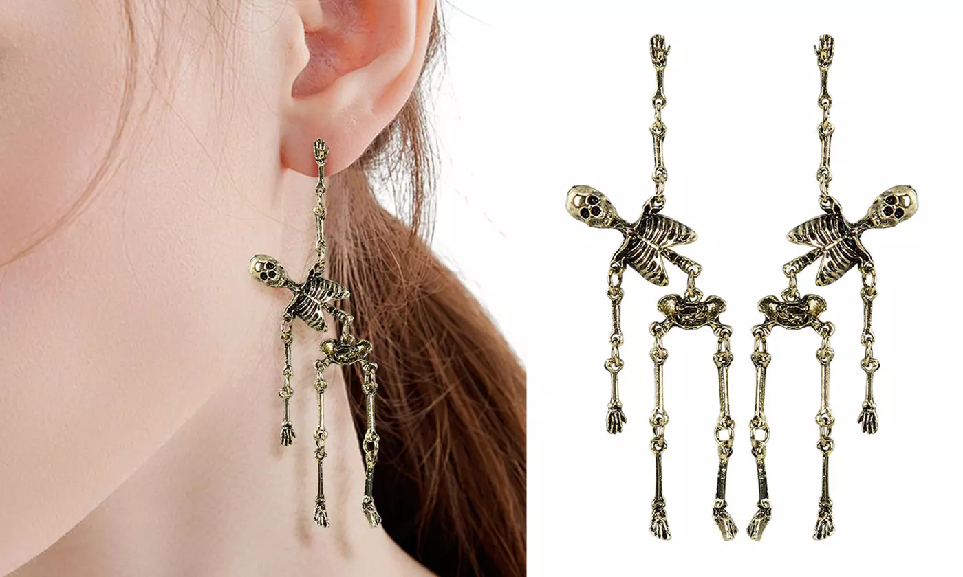 Costume Halloween Hanging Skeleton Drop Stud Earrings