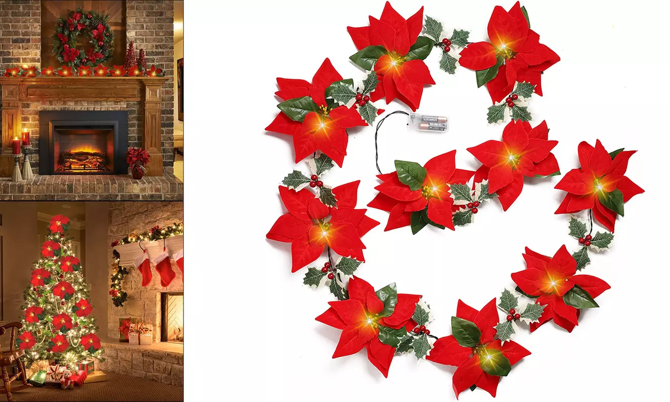 7 FT 10 LED Christmas Poinsettia Garland Artificial Flower Xmas String Lights - Primary Image
