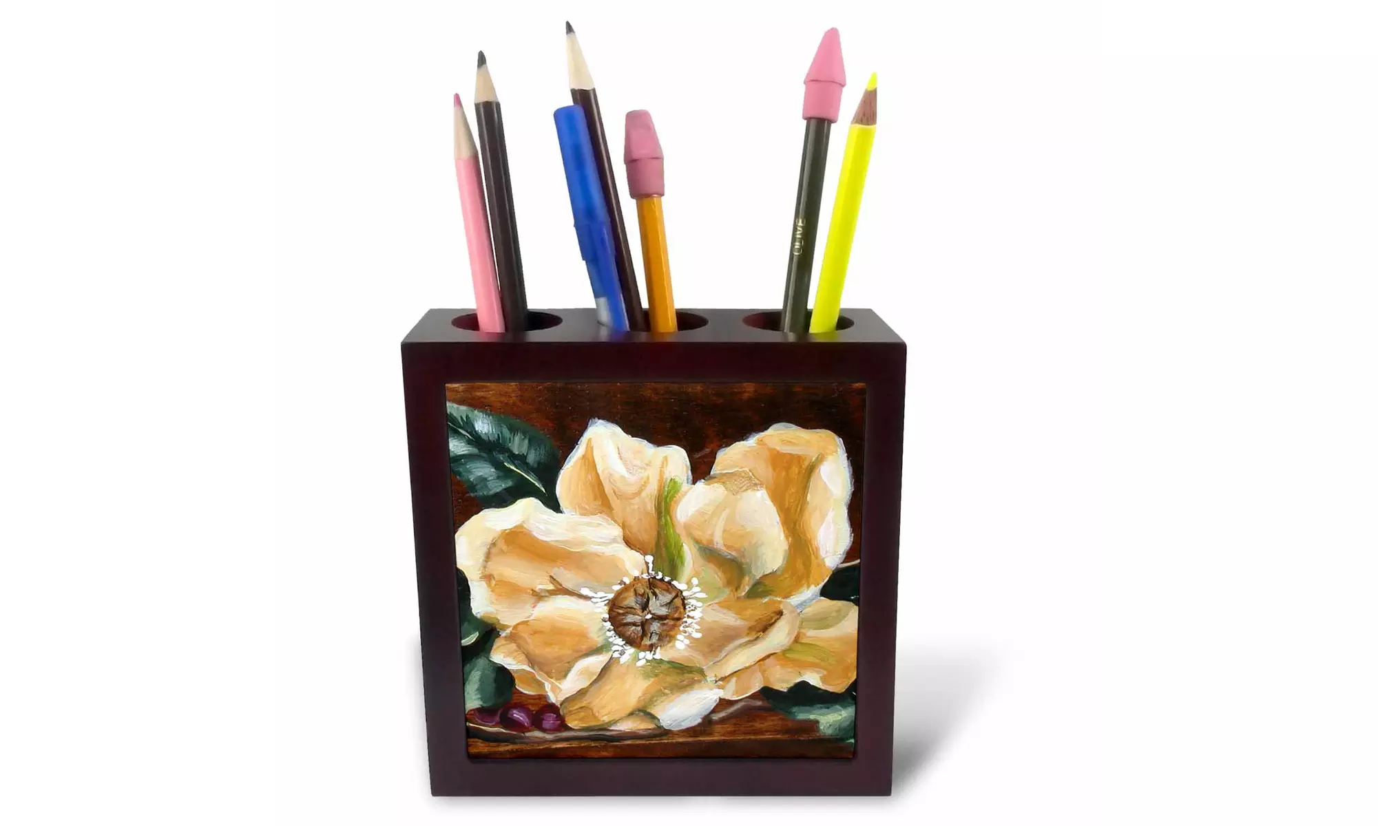  Tile Pen Holder - White Magnolia Flower on Dark Wood Background - 5-inches  - Second Medium