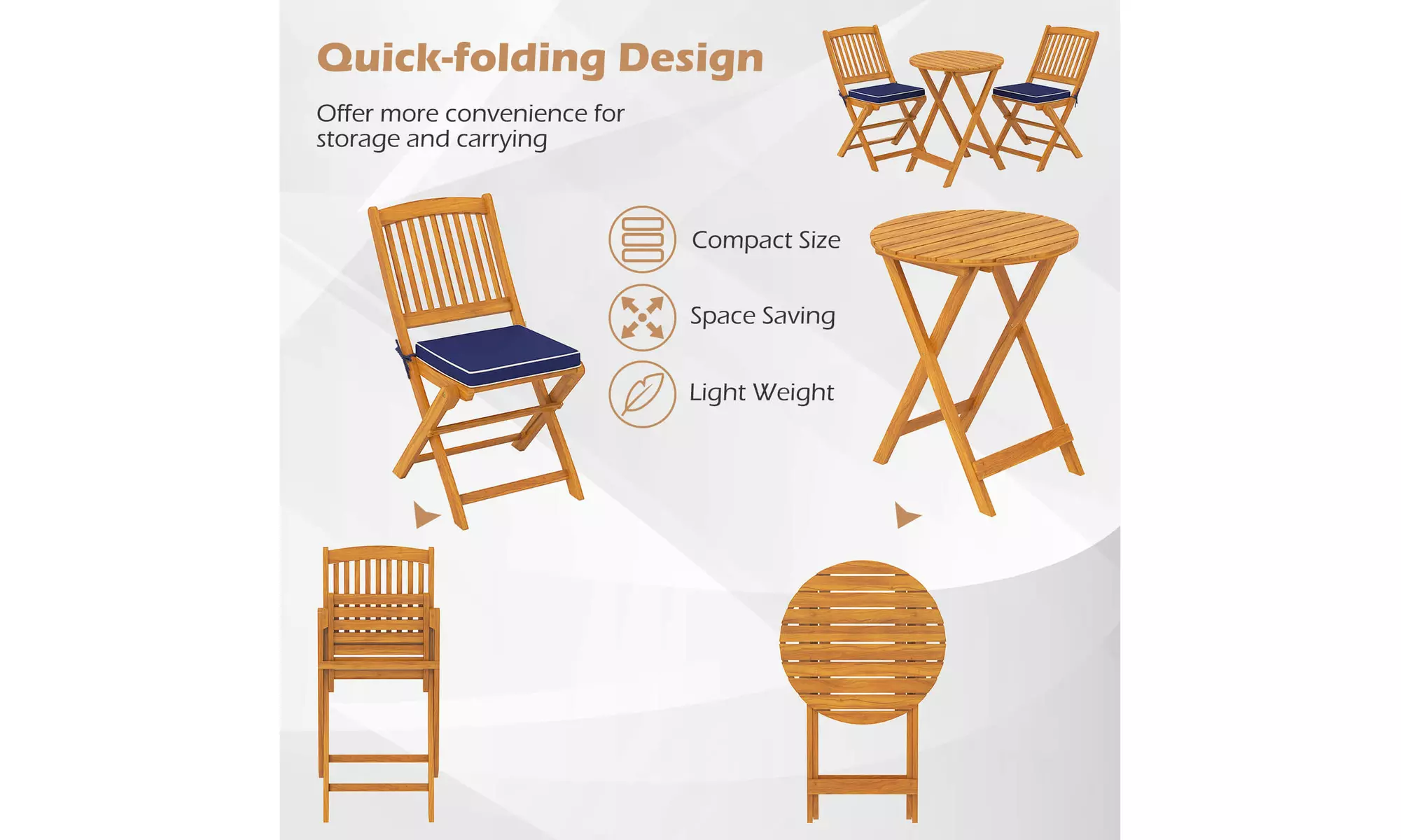 Costway Outdoor Folding Chairs Acacia Wood High-Back Chair with Seat Cushions