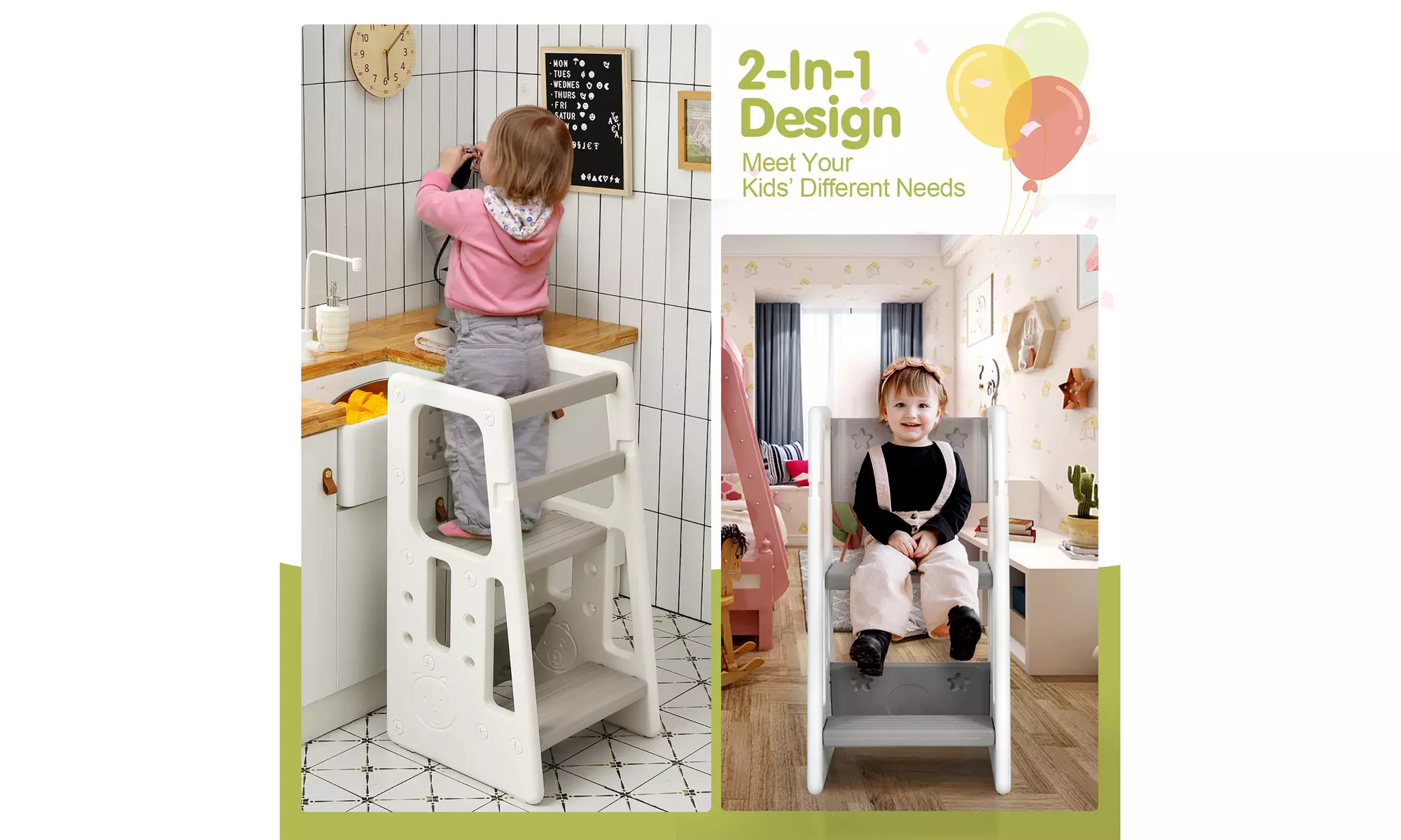 Kids Kitchen Step Stool with Double Safety Rails Toddler Learning Stool