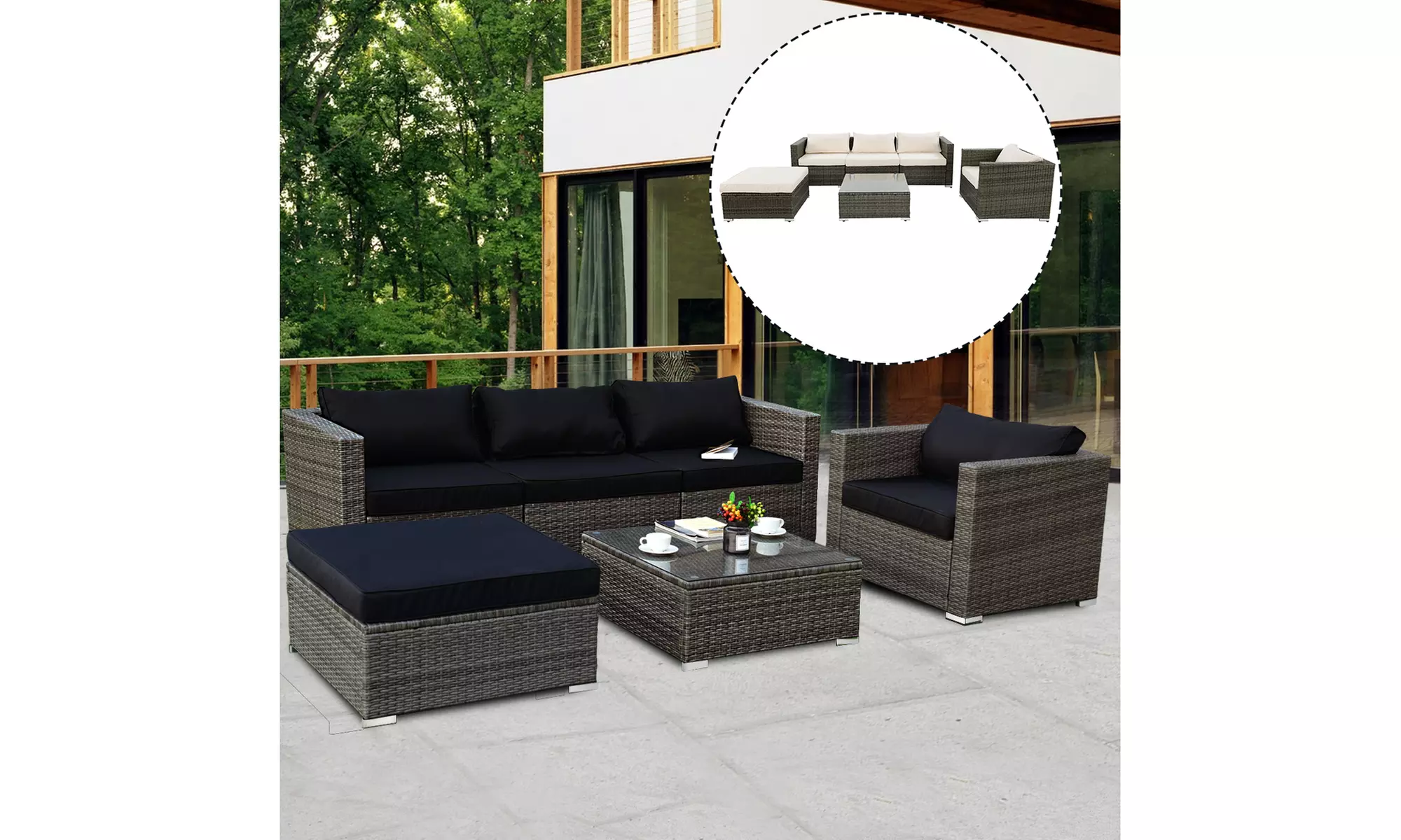 Costway 6PC Patio Garden Rattan Furniture Set Sofa Table W/2 Set Cushion Cover