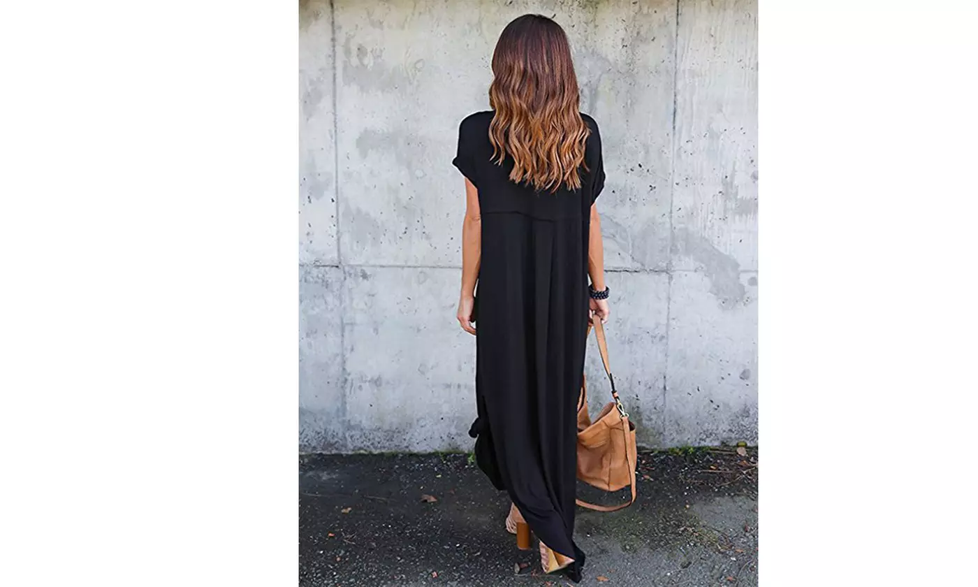 Women's Casual V-Neck Short Sleeve Side Slit Maxi Dress with Pockets