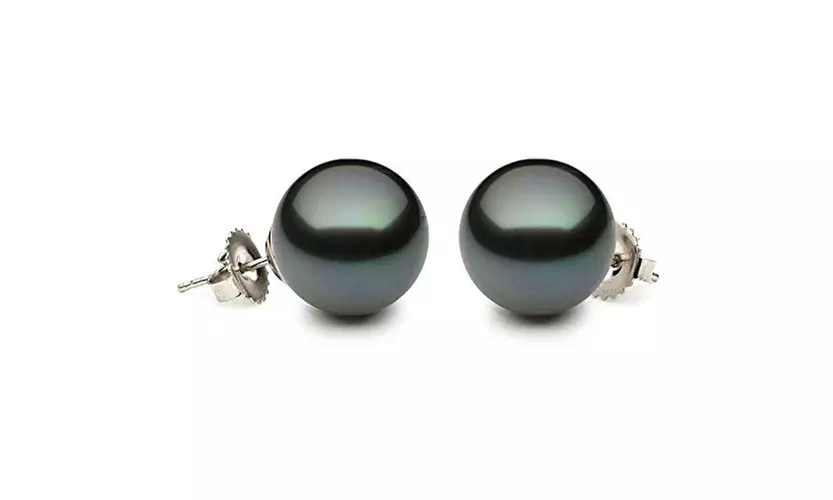 14k White Gold Tahitian Pearl 11.5-12mm Black Stud Earrings - Primary Image