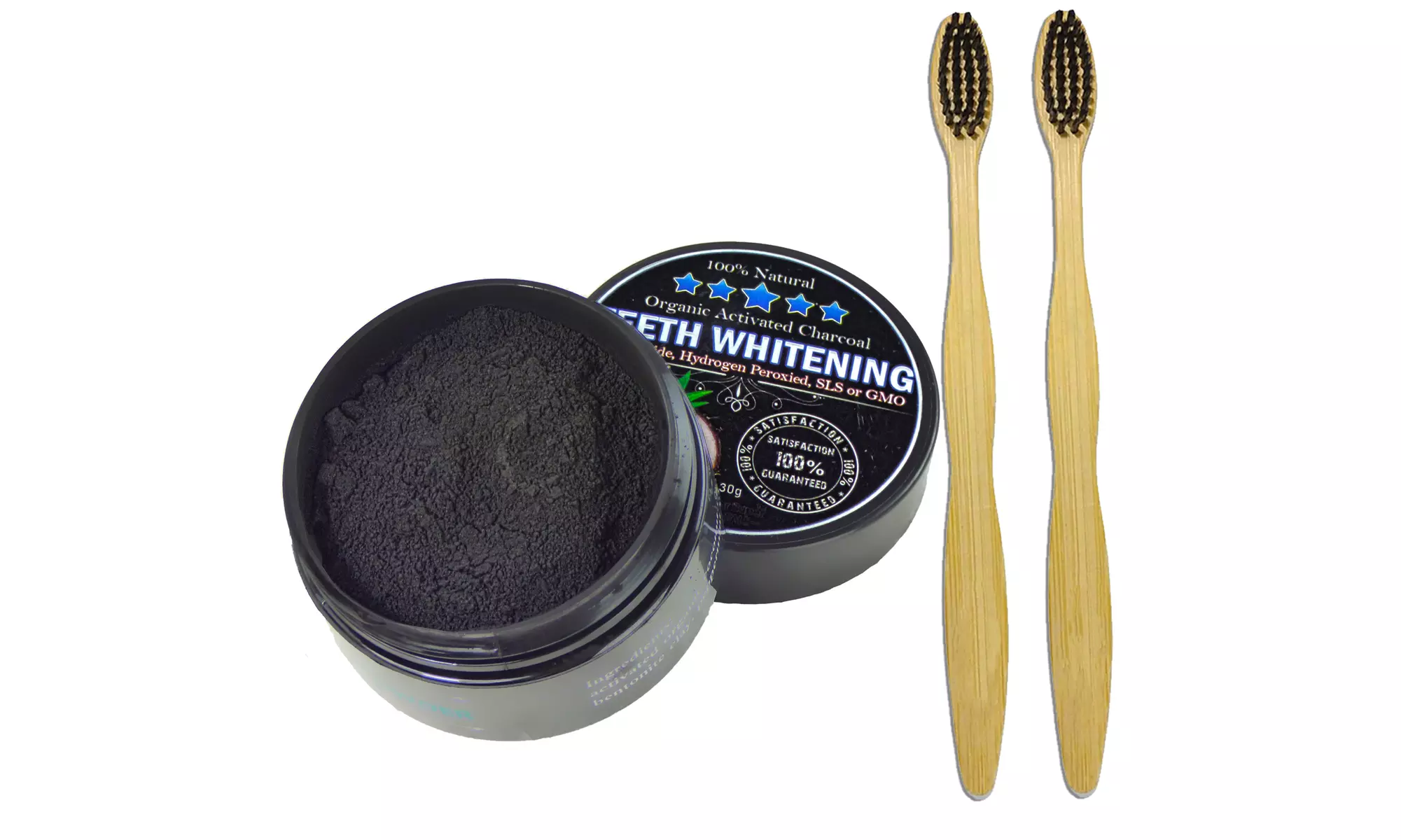 Charcoal Coconut Teeth Whitening Powder & 2 Bamboo Brushes - Primary Image