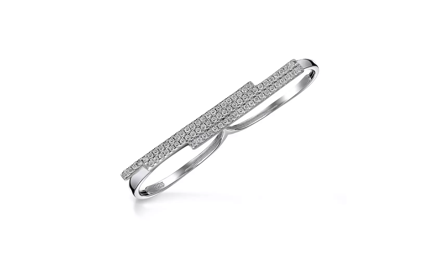 Boho CZ Pave Double Sideway Bar Two Finger Ring 925 Sterling Silver - Primary Image