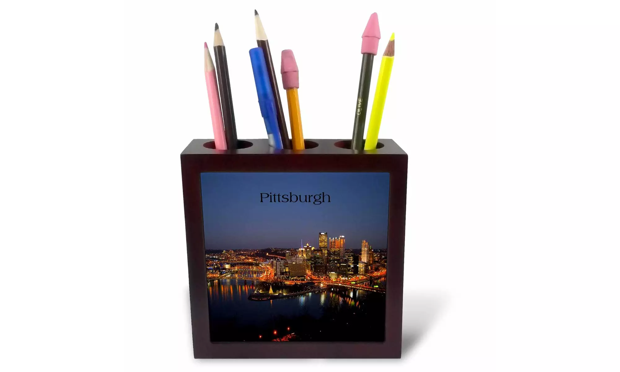  Tile Pen Holder - Image of Pittsburgh At Night - 5-inches  - Primary Image