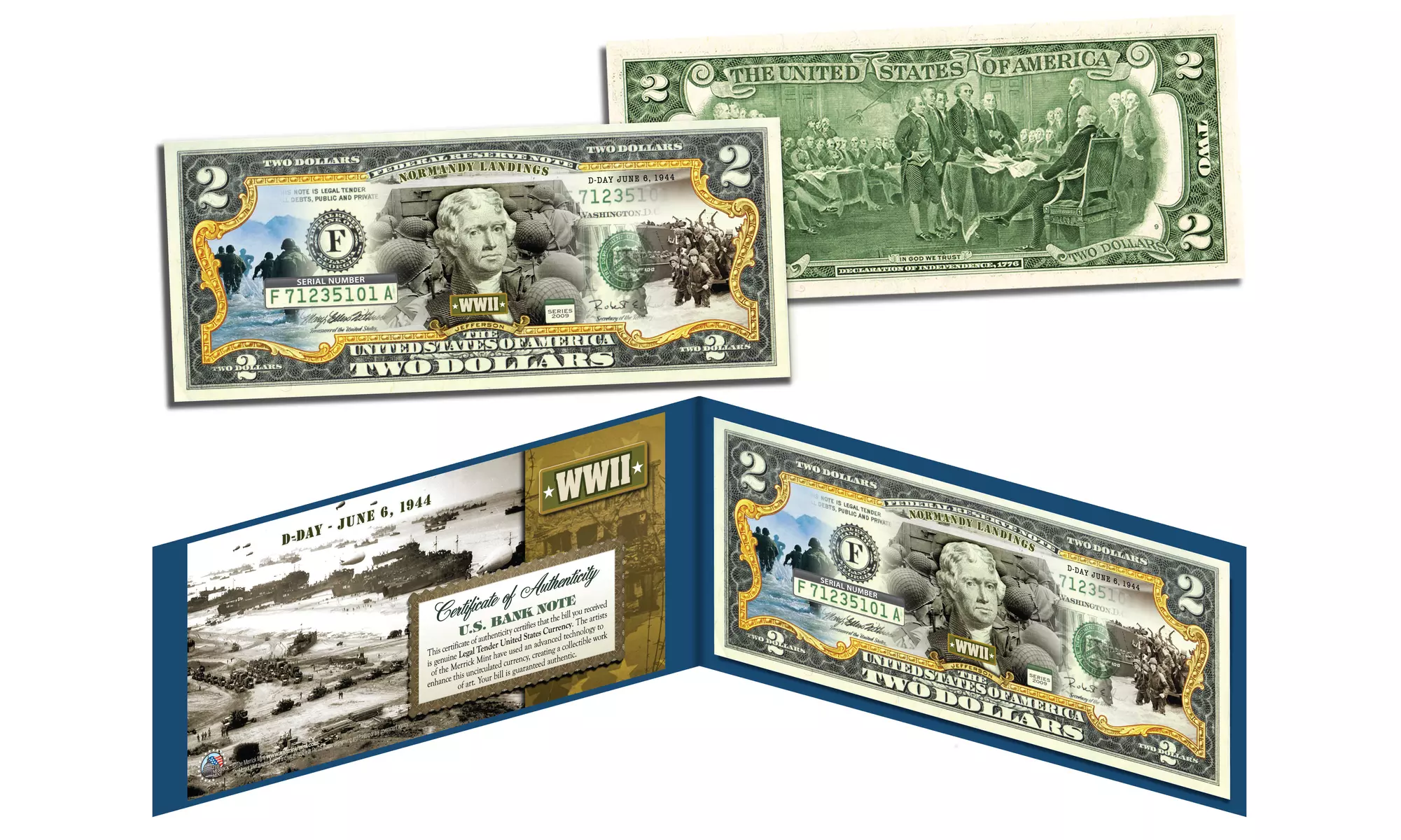WORLD WAR II D-DAY NORMANDY LANDINGS Genuine Legal Tender 2 Dollar Bill - Primary Image