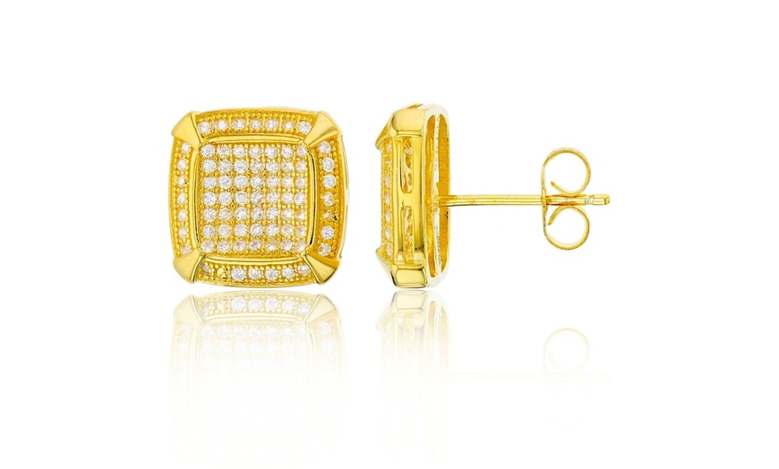 Image 4: Certified Jewelry Men's 14K Gold and Sterling Silver Square Lab Diamond Earrings