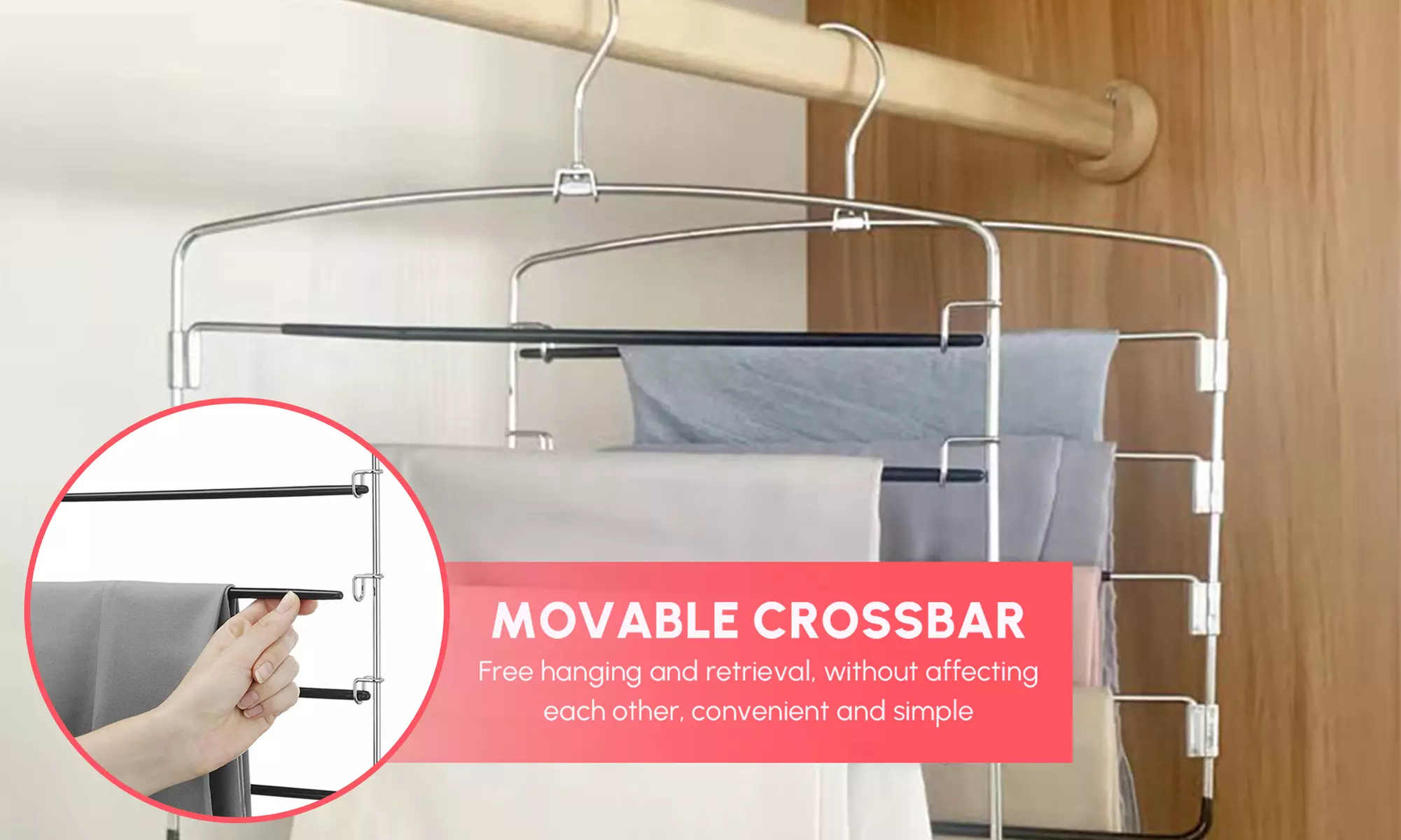 2 Pack Pants Hangers Swing Arm Trousers Hanger Space Saving Pants Rack 5 Layers - Second Medium