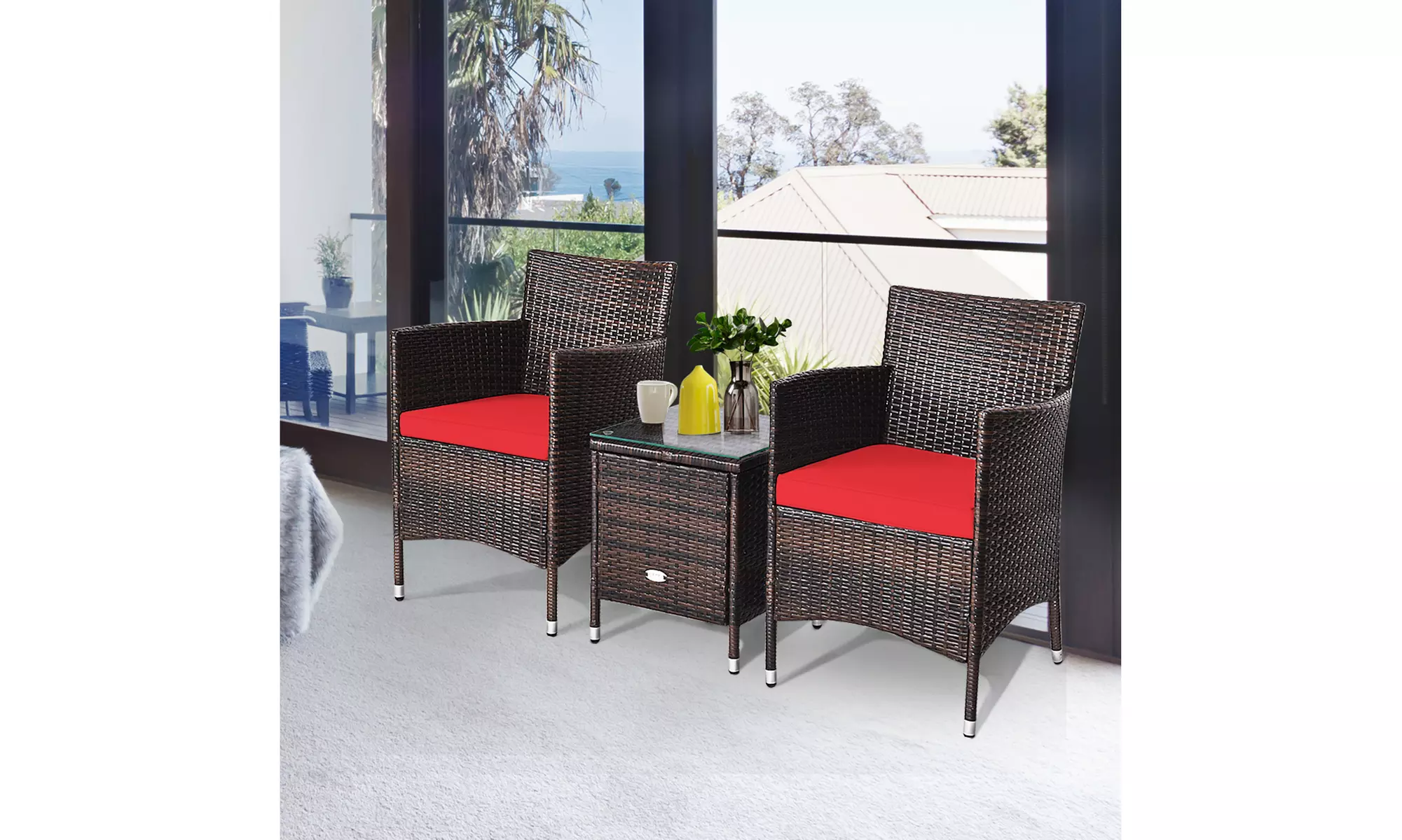 Costway Outdoor 3 PCS PE Rattan Wicker Furniture Sets Chairs Coffee Table Garden
