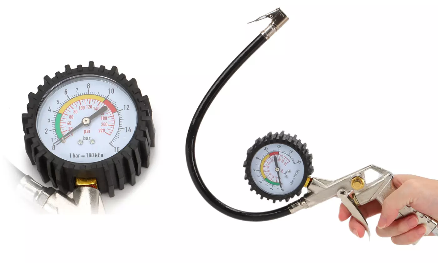 Dial Tire Inflator Gauge Flexible Hose 220 PSI Pistol Style Air Chuck Pneumatic - Primary Image