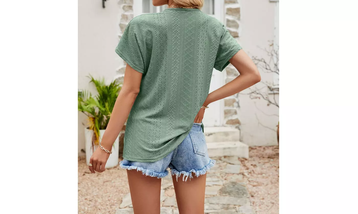 Women Summer Tee Tops Short Sleeve Shirts Lace V Neck Tunic