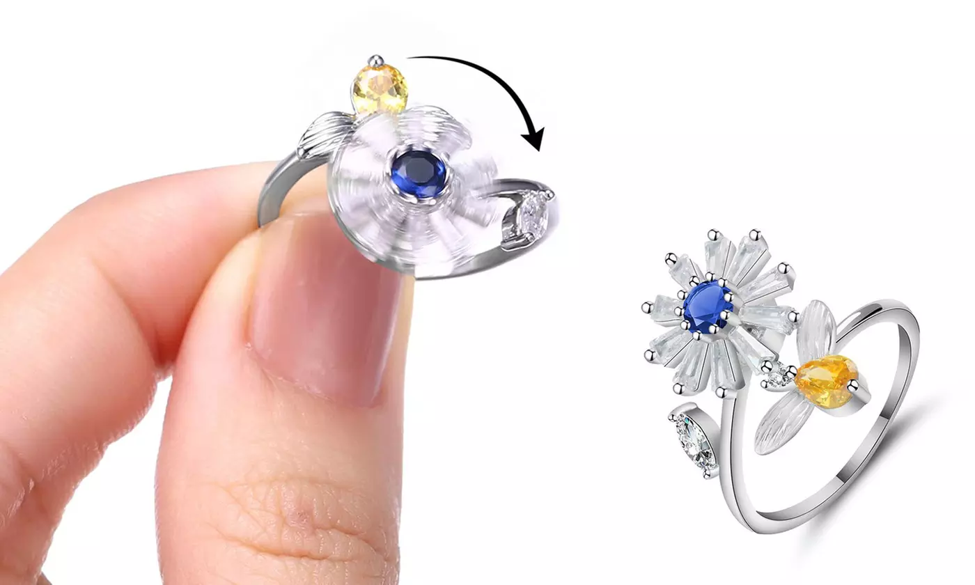 Spinner Fidget Rings Zirconia Daisy Adjustable Open Ring