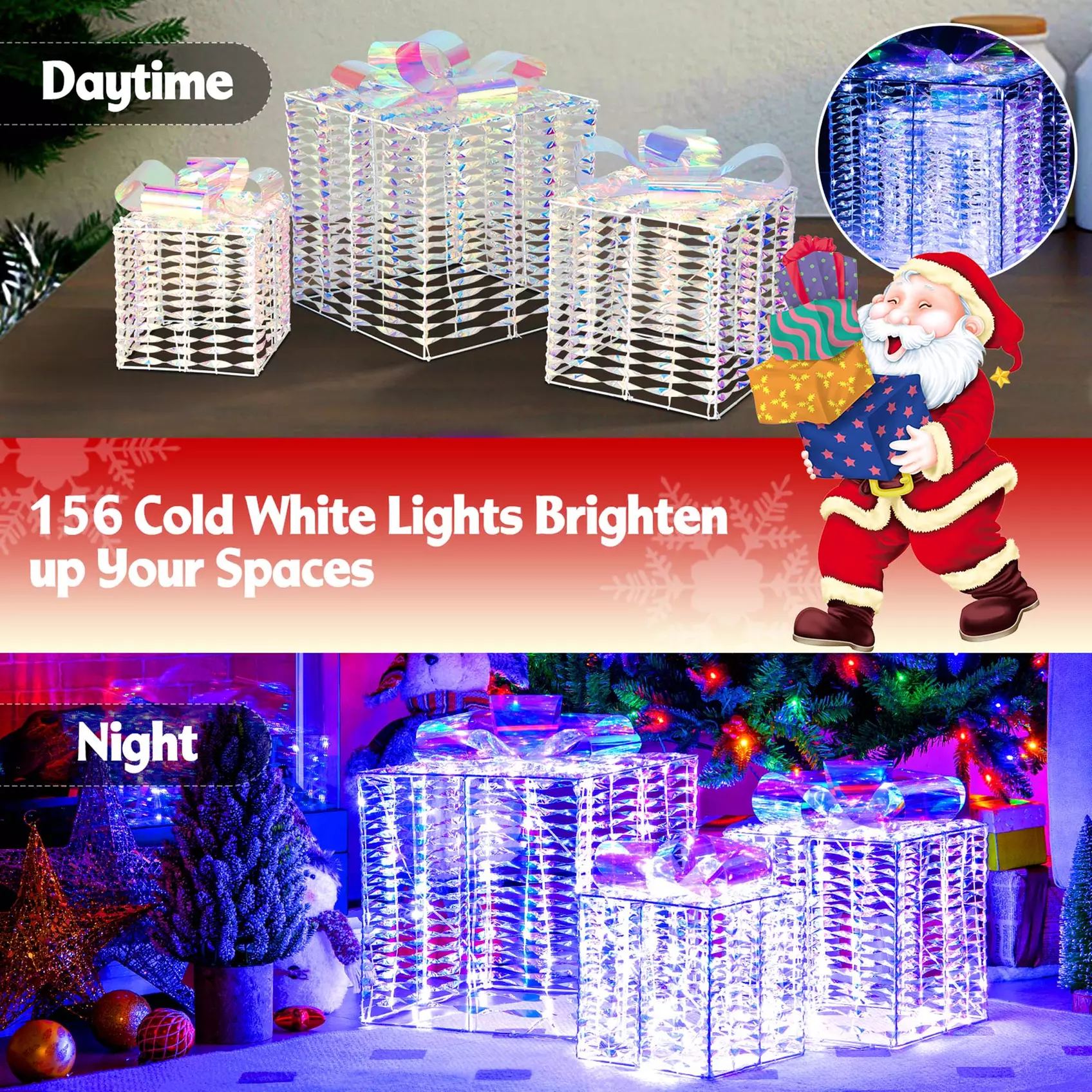 Costway 3 Sets Iridescent Christmas Gift Box LED Lighted Present Box Decor Yard