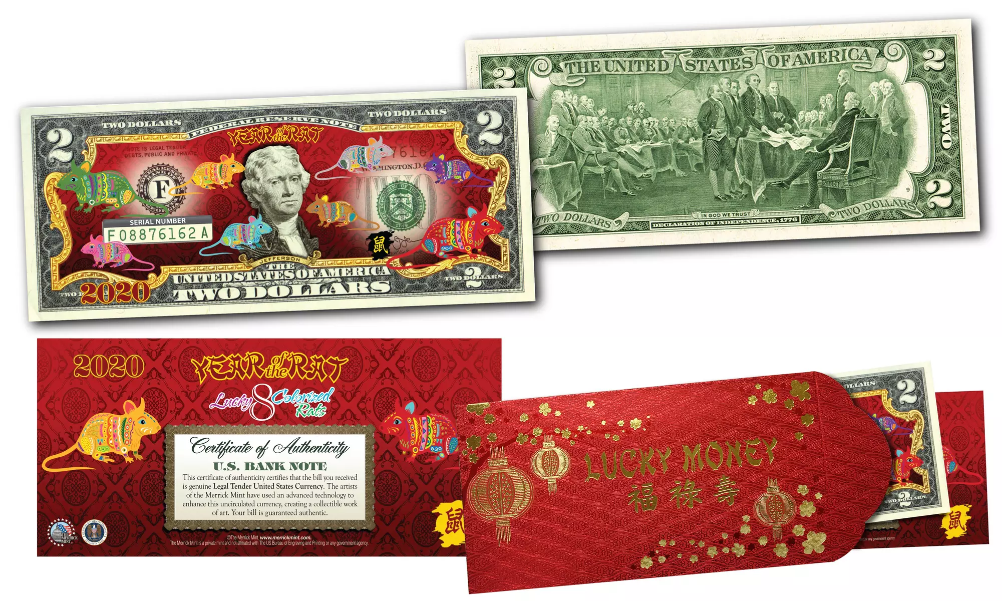 2020 Chinese New Year of the Rat Polychromatic 8 Color Rats Two-Dollar U.S. Bill - Primary Image