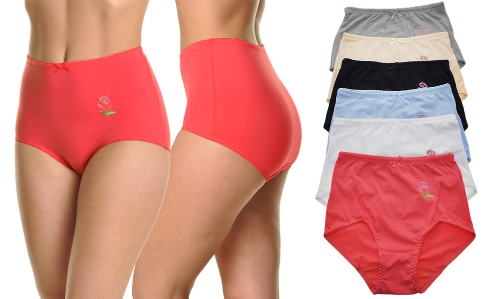Cotton Blend High-Waist Briefs with Floral Embroidery (6-Pack)