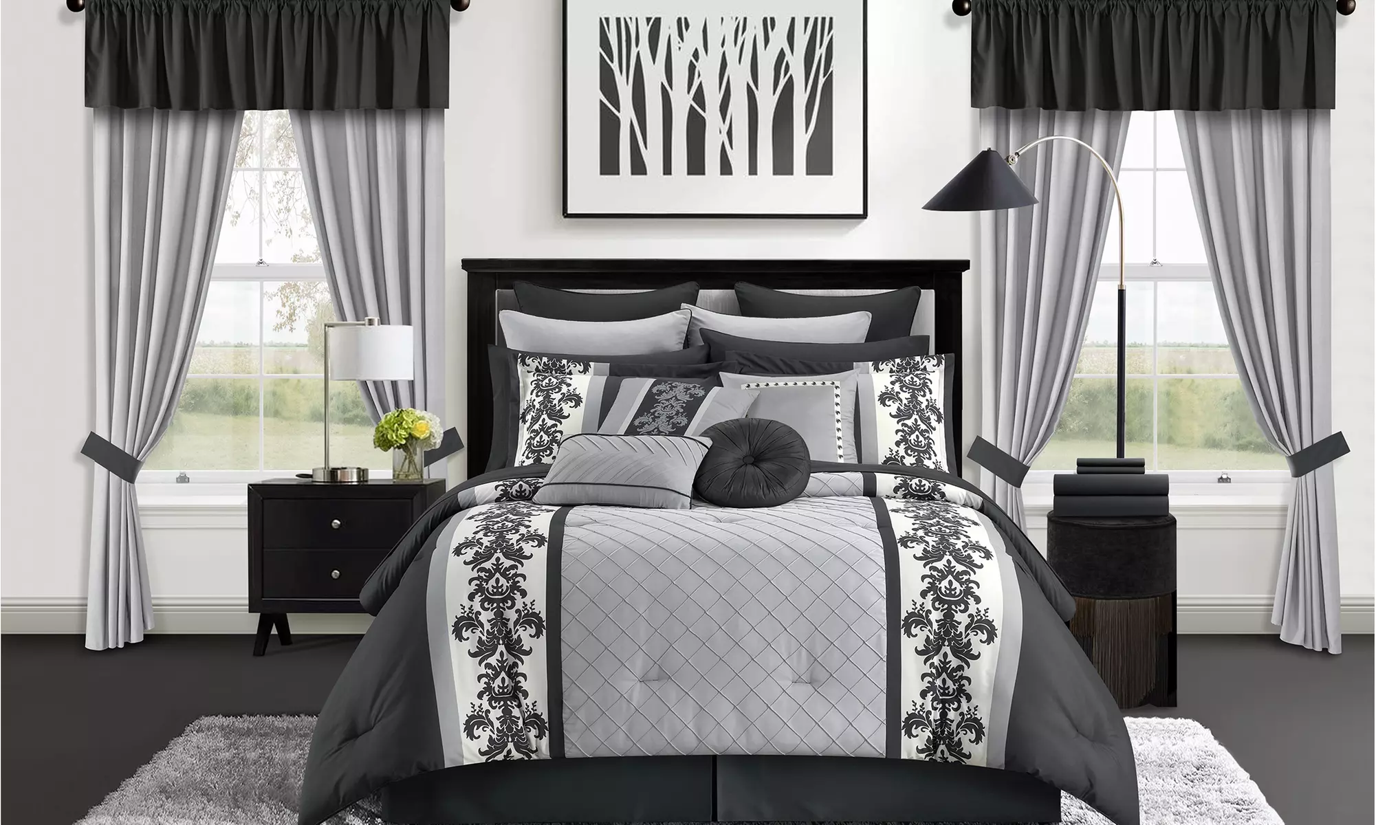 Arian 30 Piece Comforter Set Color Block Diamond Stitched Printed Scroll - Primary Image