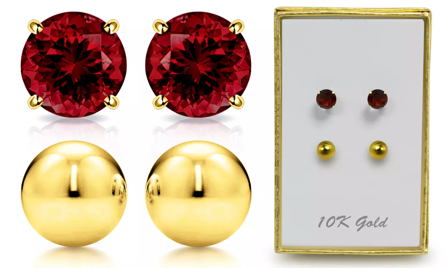 Solid 10K Gold Genuine Garnet And Ball Stud Earring Set By MUIBLU Gems - Primary Image