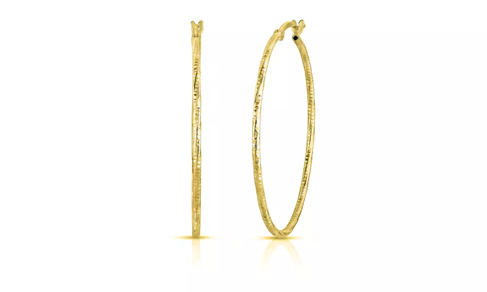 9.99 Sterling Silver 40mm Diamond Cut French Lock Hoop in Gold or Rose Gold