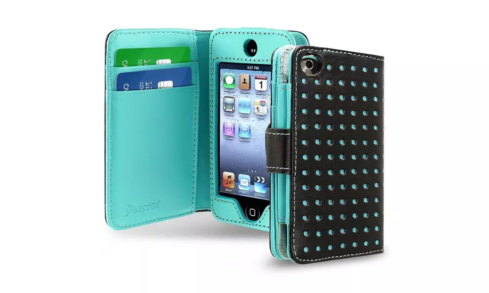 Insten Leather Wallet Case Apple iPod touch 4th Gen Black /Blue Dot - Primary Image