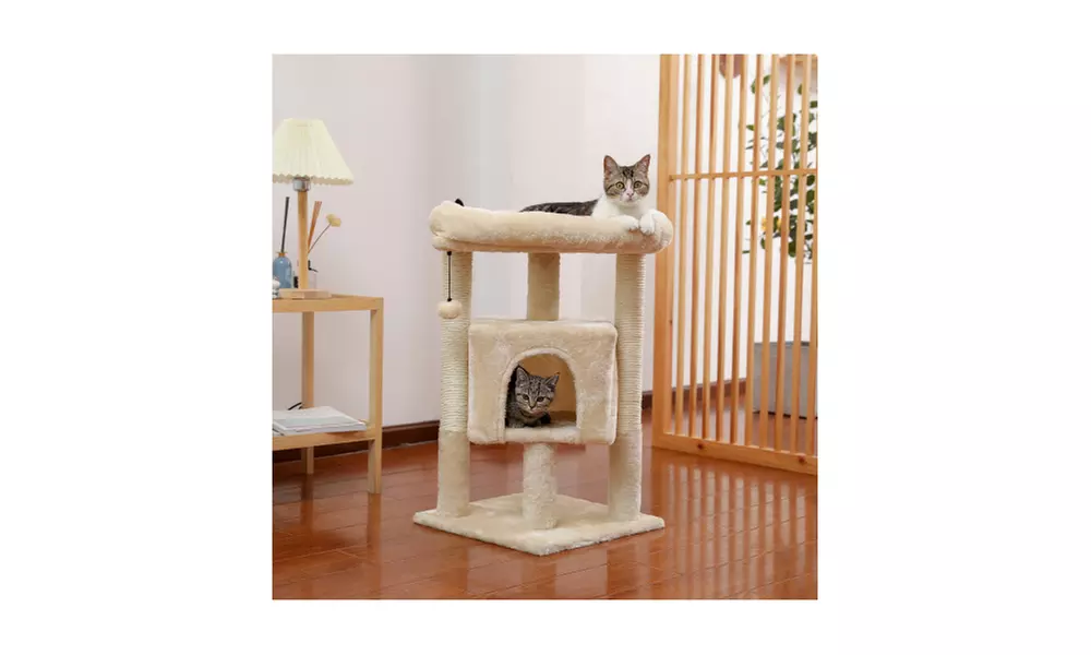 Small Cat Tree for Indoor Cats Polyester Plush Cat Tower with Condos - Primary Image