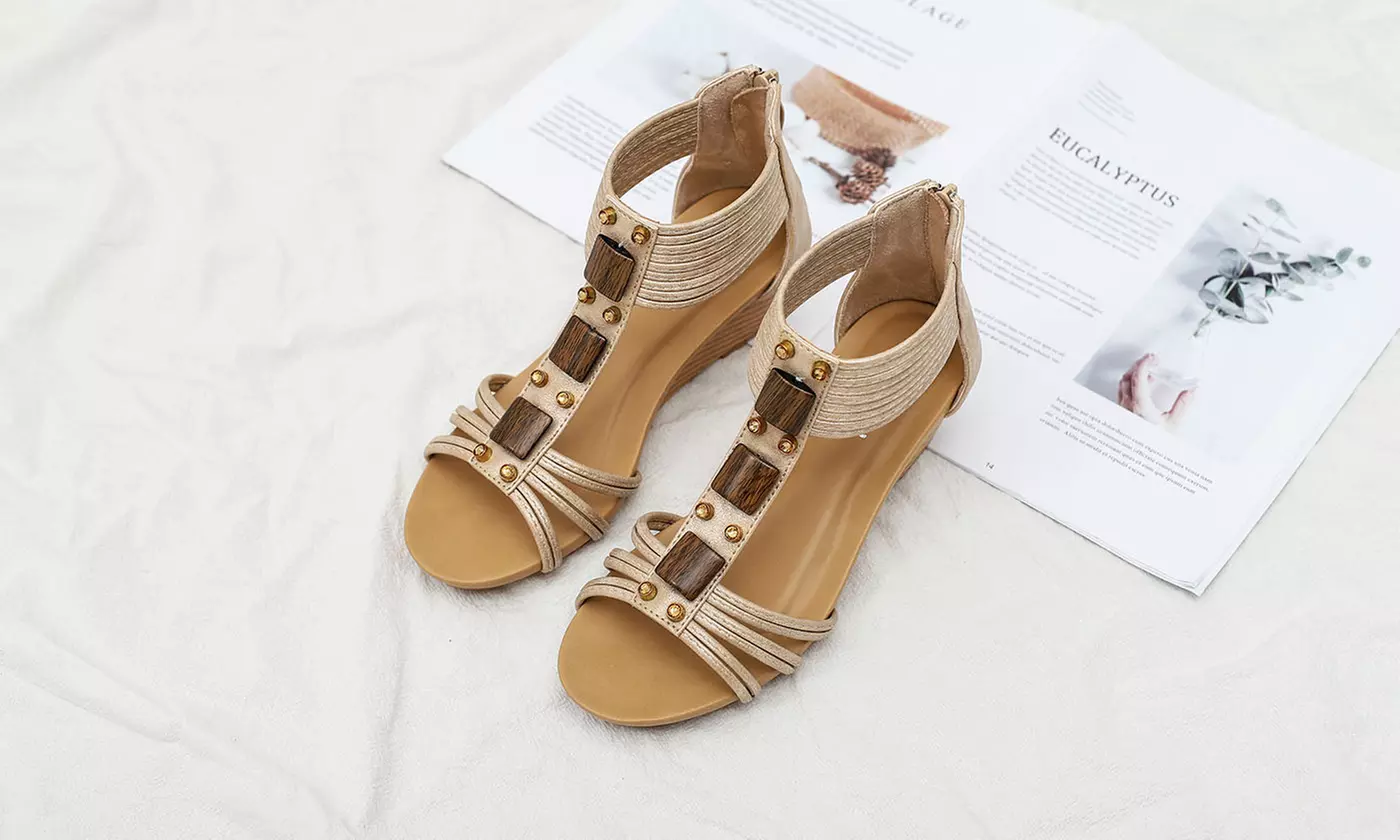Women's Open Toe T-strap Low Wedge Sandals