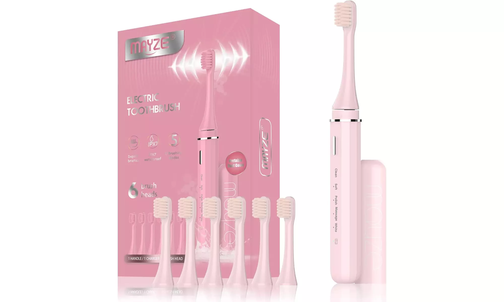 MAYZE Sonic Electric Toothbrush with 6 Brush Heads & Trave Cover - Primary Image
