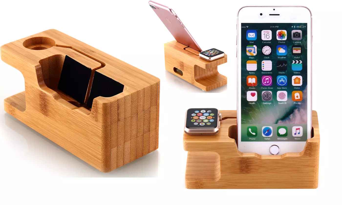Bamboo Charging Dock Station Stand Holder for Apple Watch and iPhone - Primary Image