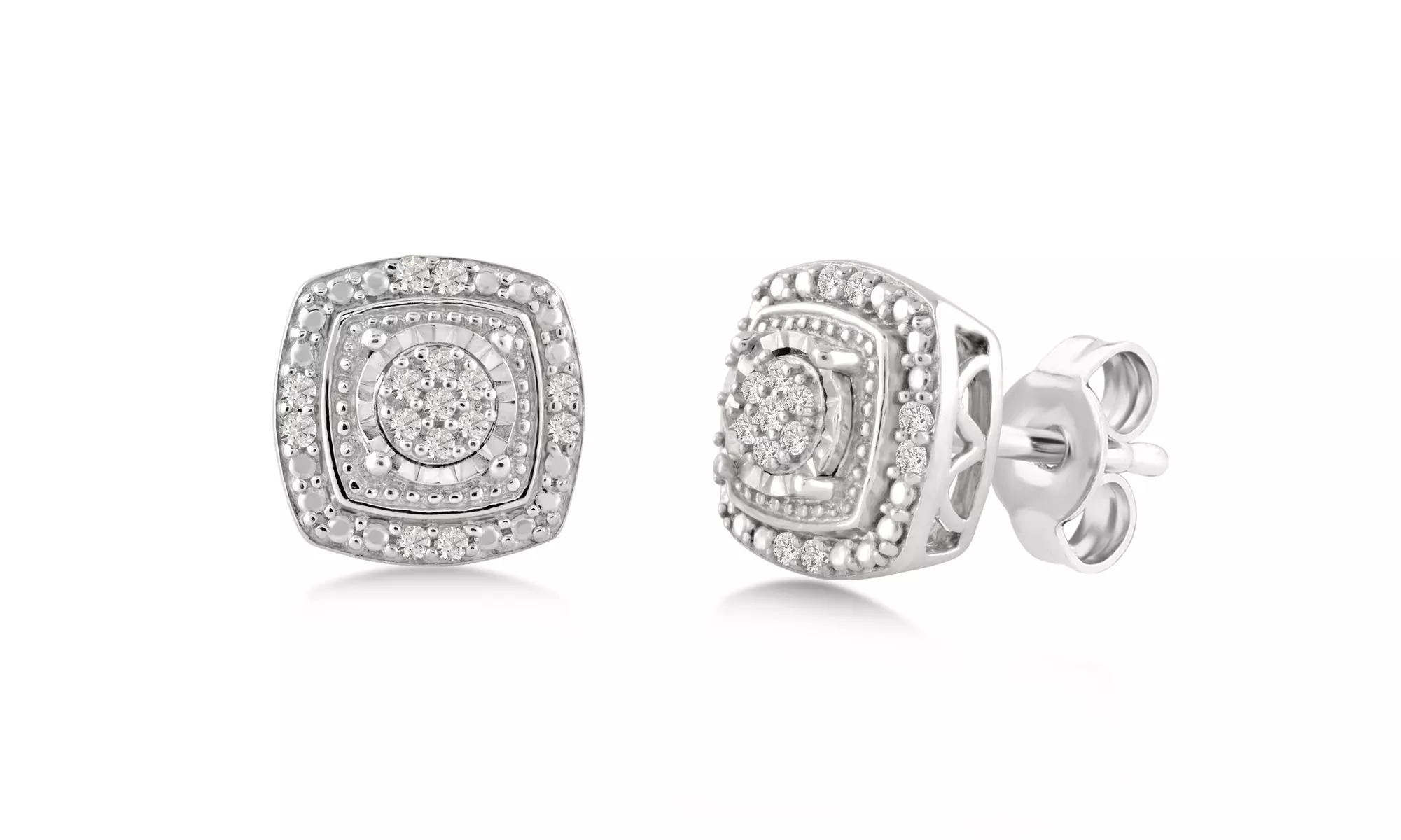 1/10 CT Diamond Cluster Halo Cushion Frame Stud Earrings in Sterling Silver