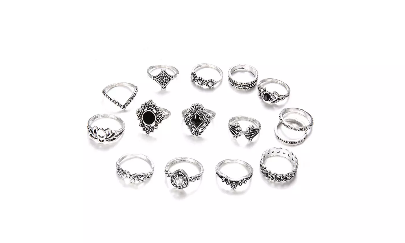 Women's Bohemian Vintage Ancient Silver Lotus Cool Ring 15-Piece Set - Second Medium