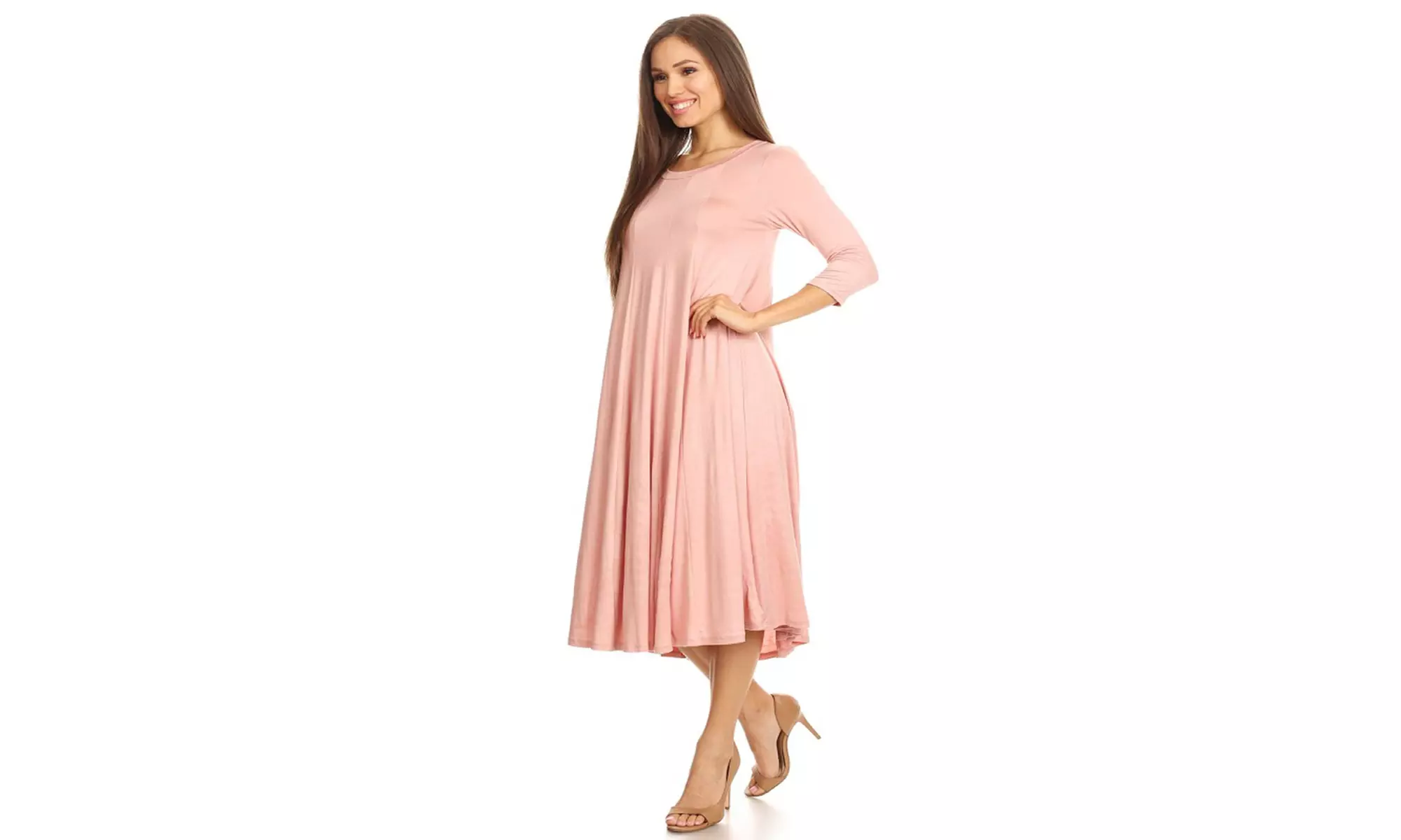 Women's Solid Casual Comfy 3/4 Sleeve Loose Fit A-line Midi Dress