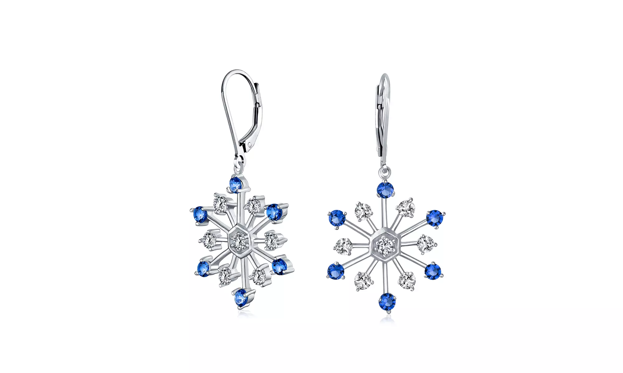Winter Snowflake Drop Earrings Blue Cubic Zirconia CZ Silver Plated - Primary Image