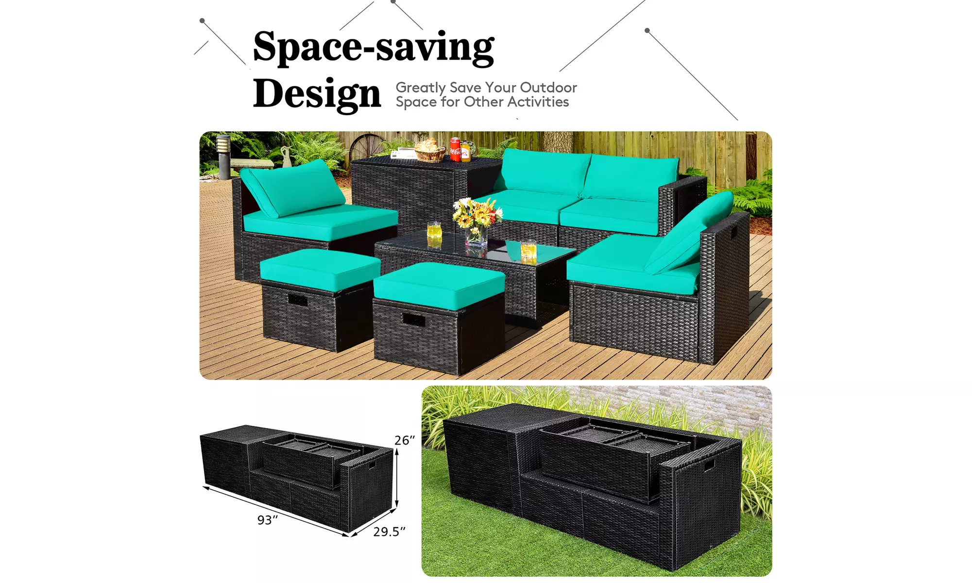 Costway 8PCS Patio Rattan Furniture Set Storage Table Ottoman Turquoise cover - Second Medium