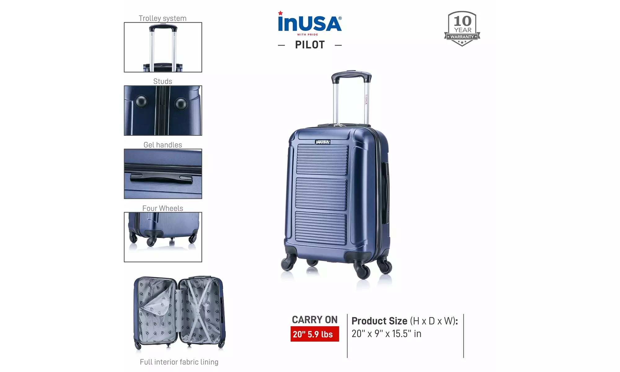 InUSA Pilot Lightweight Hardside Spinner Luggage