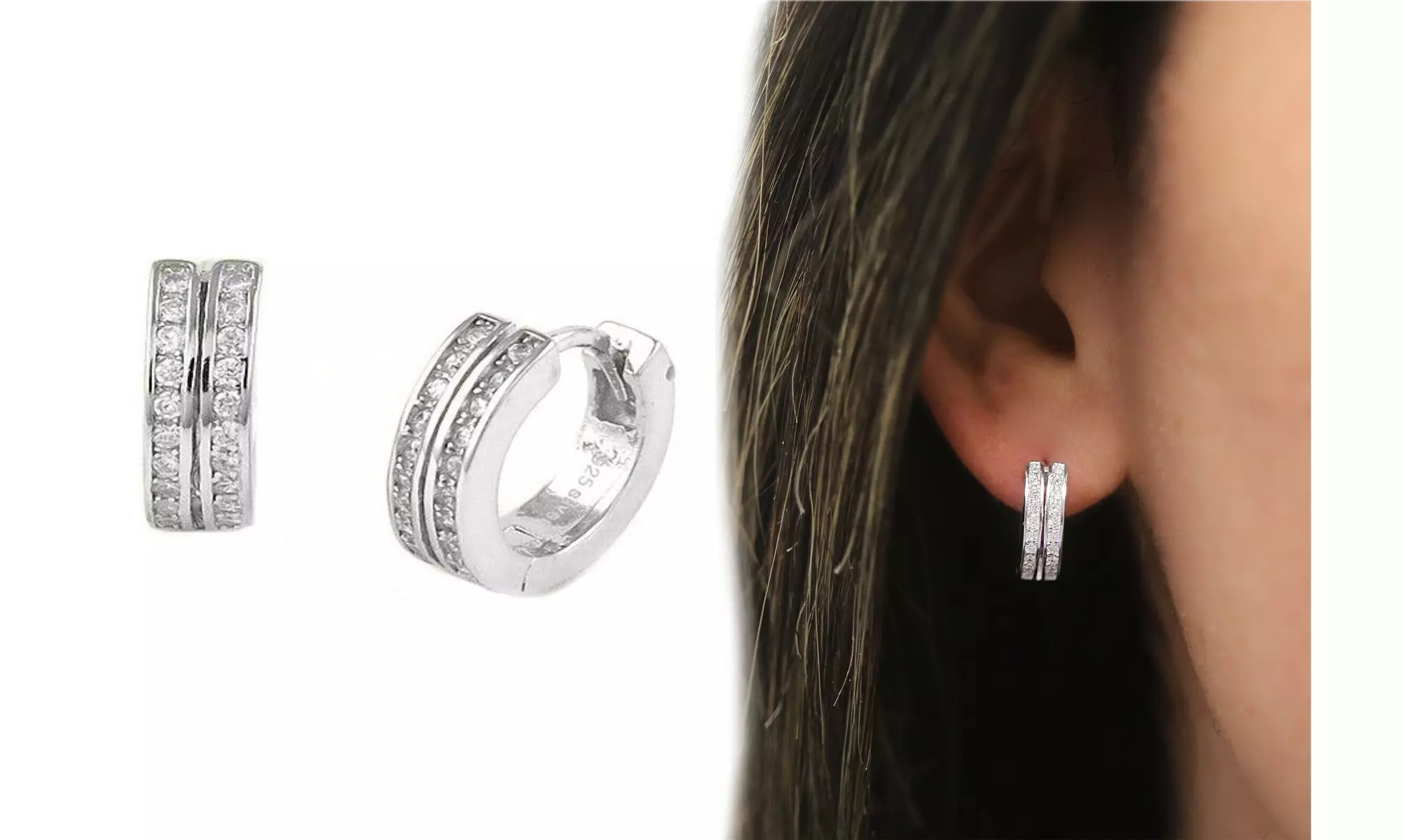 925 Sterling Silver Cubic Zirconia Huggie Hoop Earrings 3 Styles
