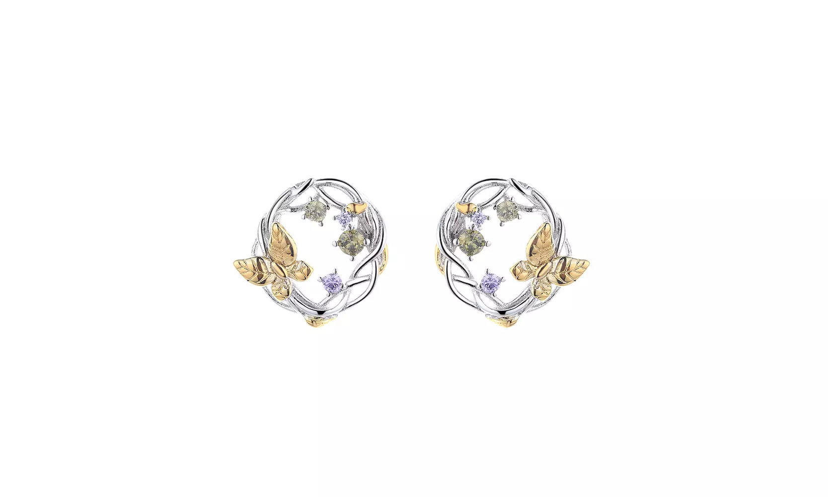 14K Gold Two-Tone Floral and Gemstone Earrings