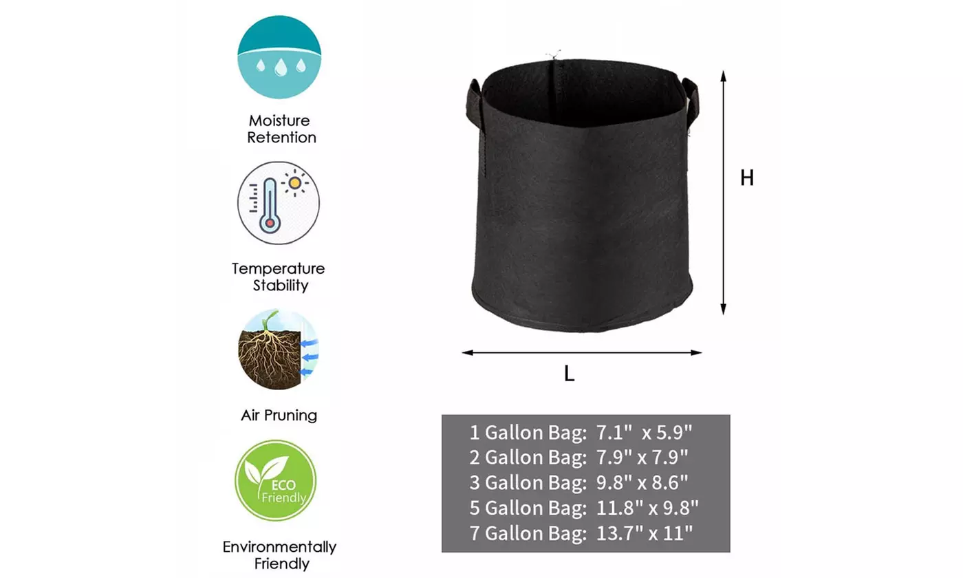 5-Pack Black Grow Bags Aeration Fabric Fabric Planter Root Growing Pots