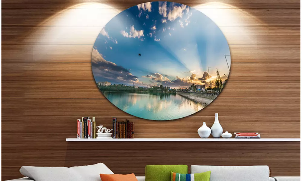 Moving Clouds Over Lake' Landscape Photo Circle Metal Wall Art - Primary Image